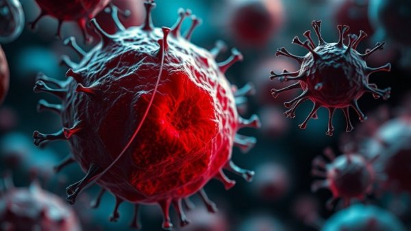 Microscopic view of cancer cell targeted by immune cells illustrating mRNA therapy.