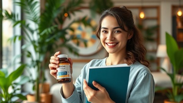 Woman showcasing supplements for longevity in a lush setting.