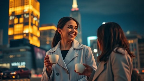 Woman discusses fluoride content in tea at night in cityscape.