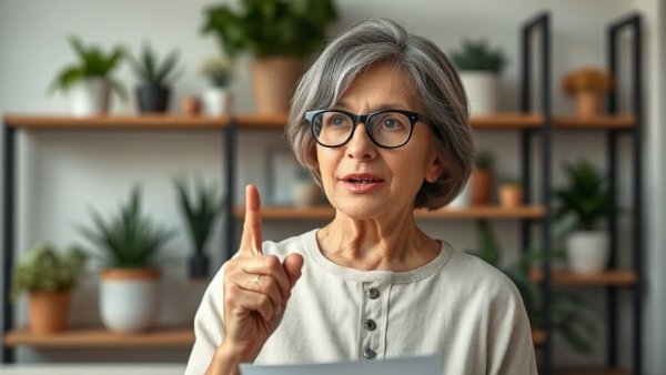 Mid-aged woman discussing muscle building in a studio.