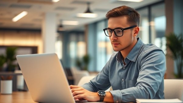 Focused man working on local business marketing at laptop.