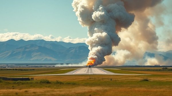 Large smoke plume rising at airport, vibrant colors.