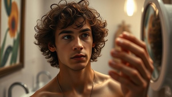 Curly-haired young man contemplating in front of a mirror, reflecting on looksmaxxing mental health issues.