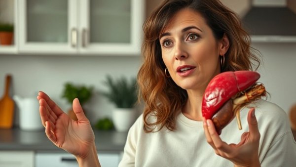 Woman demonstrating nutrients for liver repair with a liver model.