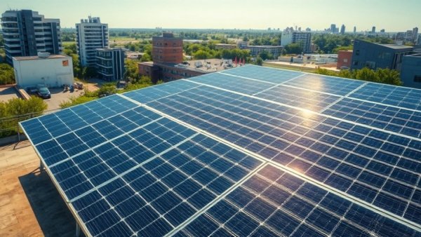 Rooftop solar panels in urban India, showcasing renewable energy.