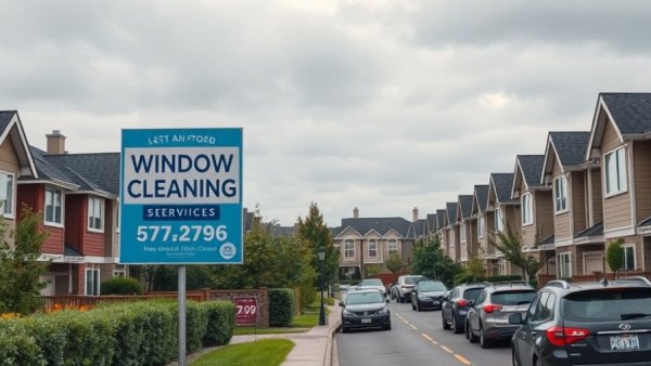 Suburban street with window cleaning sign promoting local business success.
