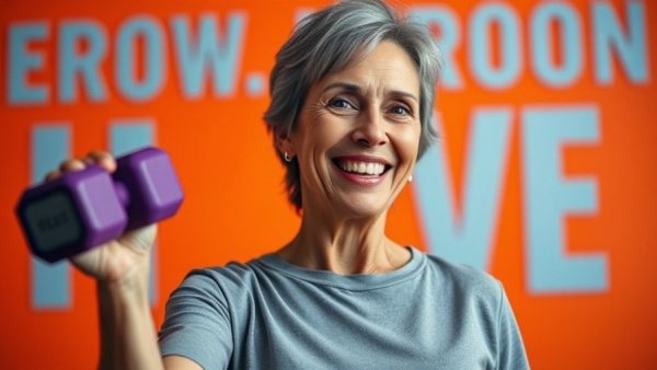 Energetic mature woman boosting circulation with dumbbell exercise.