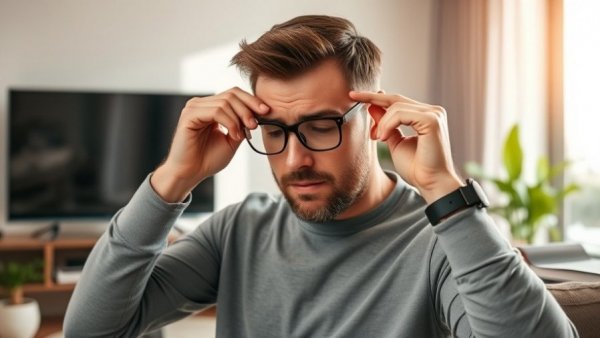 Man experiencing discomfort from eye rubbing, emphasizing dangers.