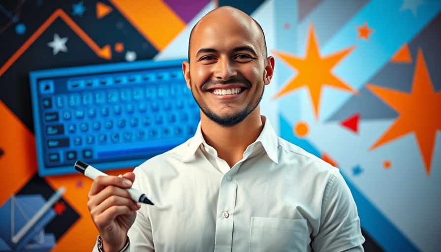 Man smiling with colorful digital branding background.