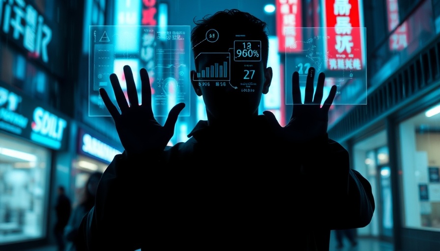 Futuristic scene of man interacting with digital holograms, highlighting AI visibility through social sharing buttons.
