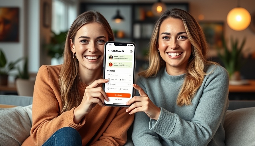 Two women promoting digital loyalty rewards program in vibrant setting.