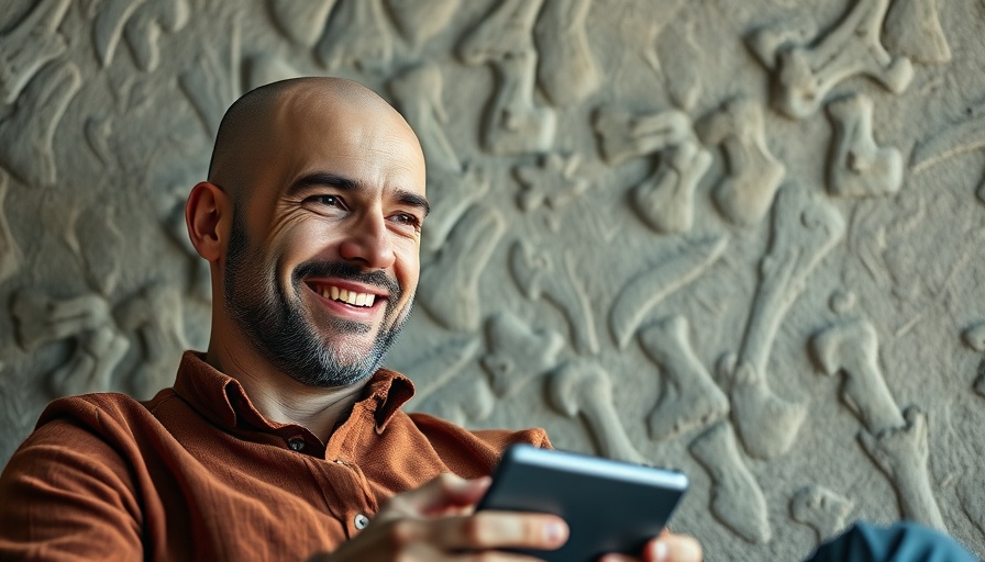 Bald man with device discussing kids bone health in abstract setting.