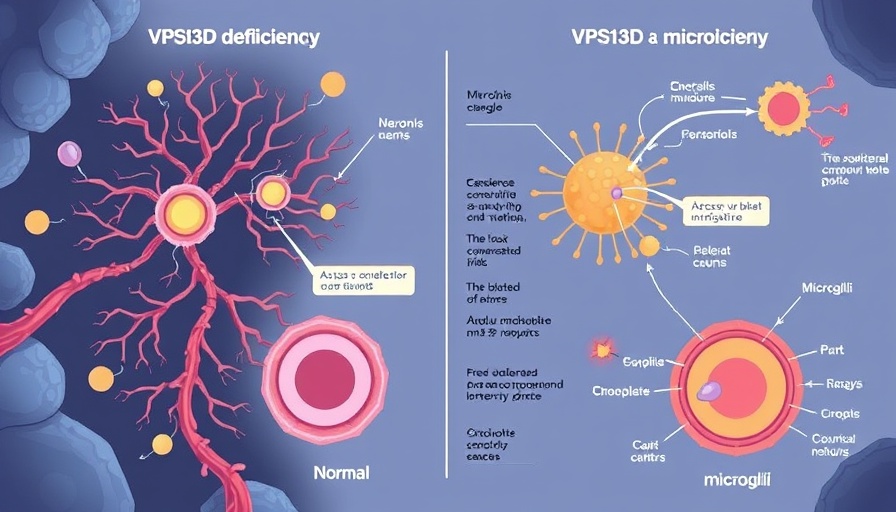 Illustration of VPS13D deficiency impact on neurons and microglia, showing pathways.