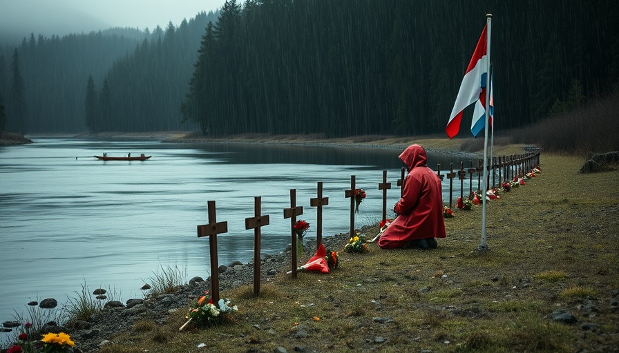 Memorial with crosses and flags by river, reflecting on grief.