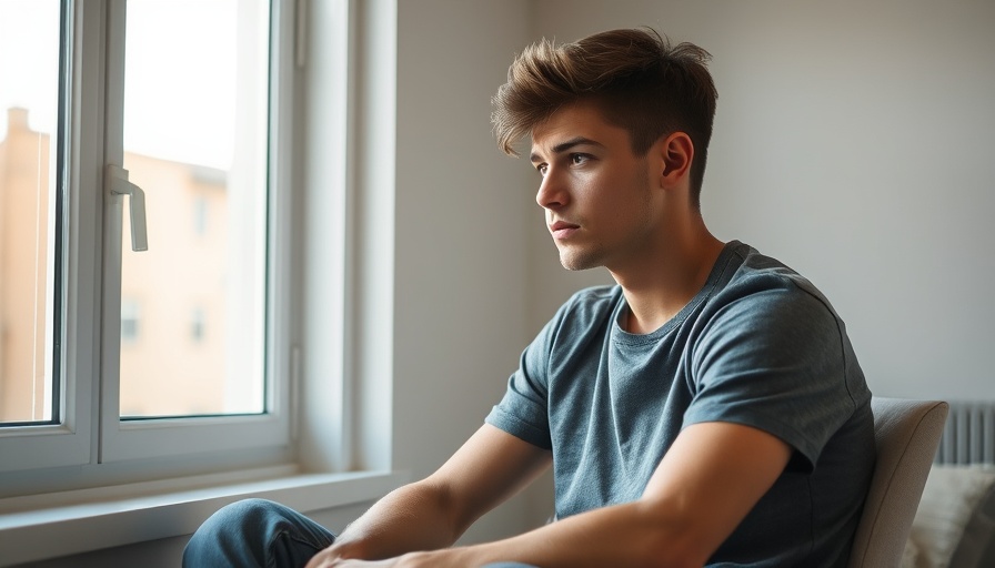 Reflective young man contemplating mental health by window.