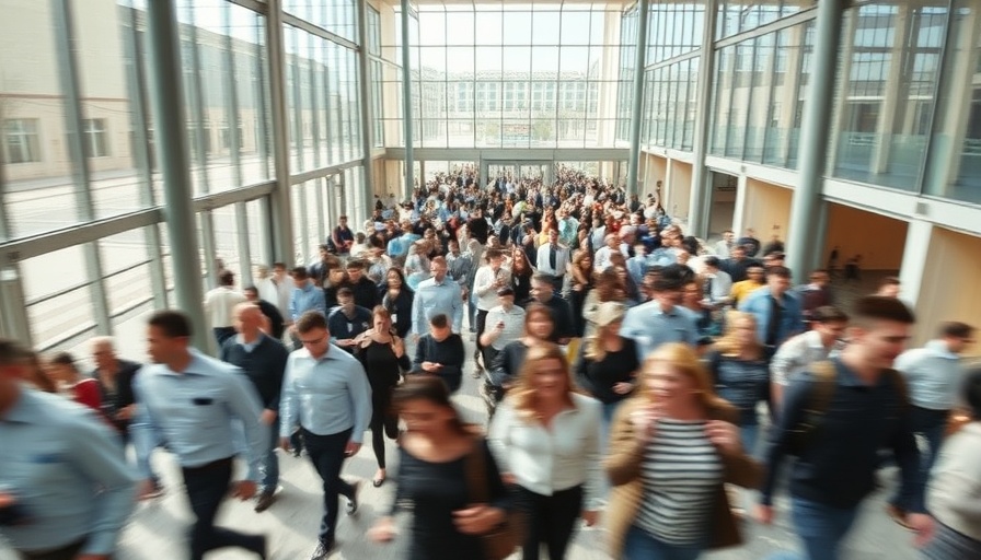 Blurry crowd in modern atrium symbolizing population collapse and low birth rates.