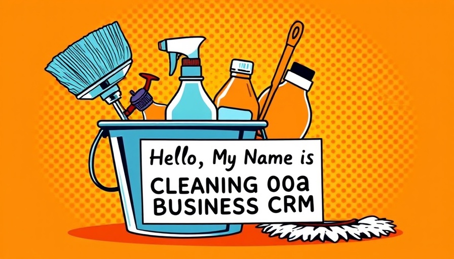 Retro comic-style image of cleaning supplies and 'Cleaning Business CRM' badge.