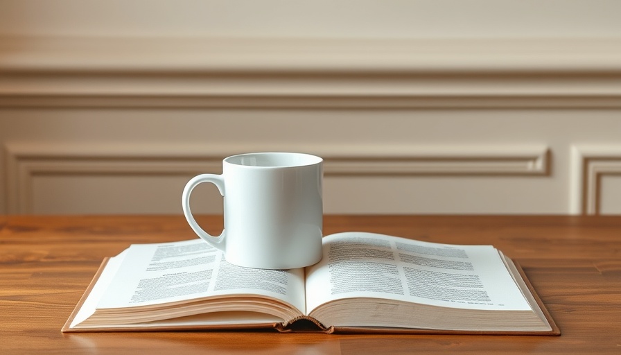 Minimalist white mug and book on wooden table.