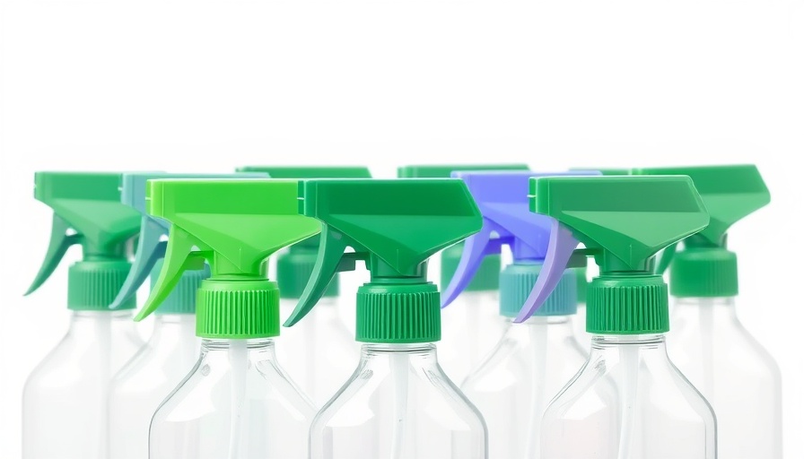 Assorted cleaning products and air fresheners with green caps in soft focus.