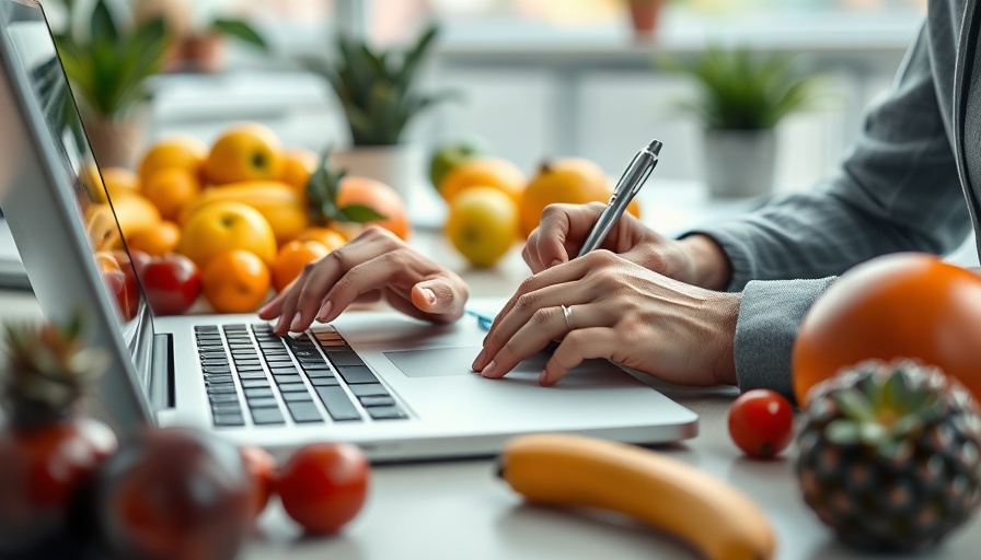 Hands using laptop next to fruits related to longevity diet.