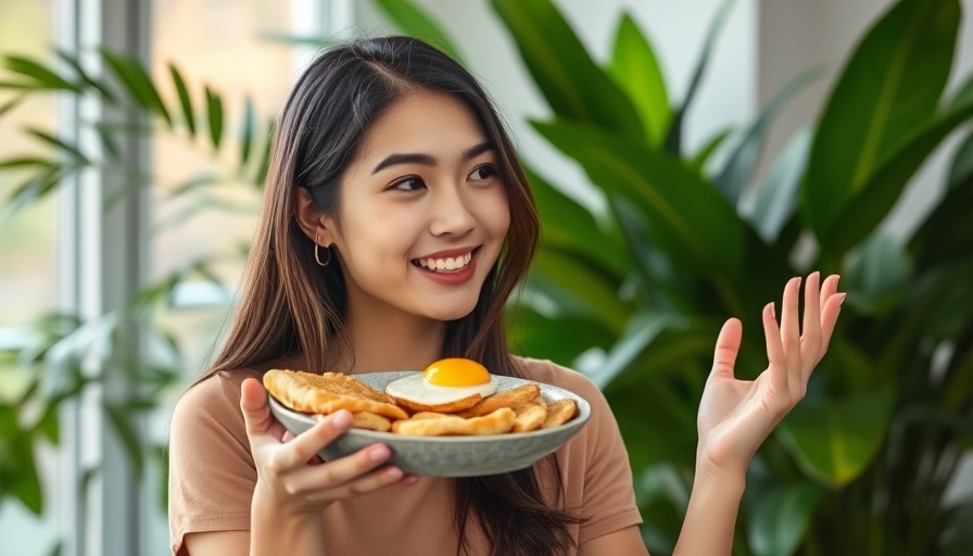 Young woman discussing the benefits of eating breakfast with a plant backdrop.