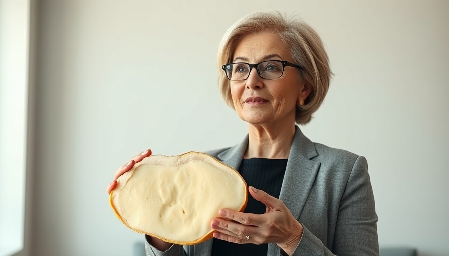 Middle-aged woman holding fake fat, discussing how to lose belly fat at home fast.