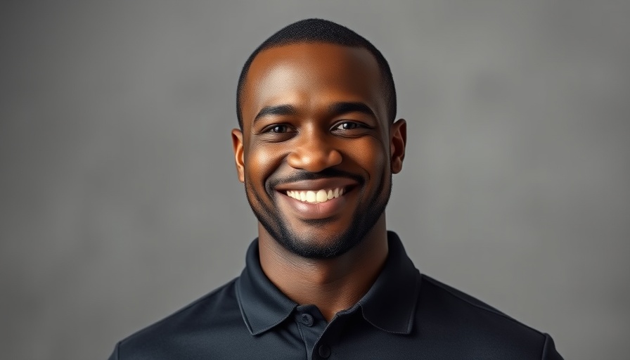 Smiling man in a dark polo shirt with gray background.