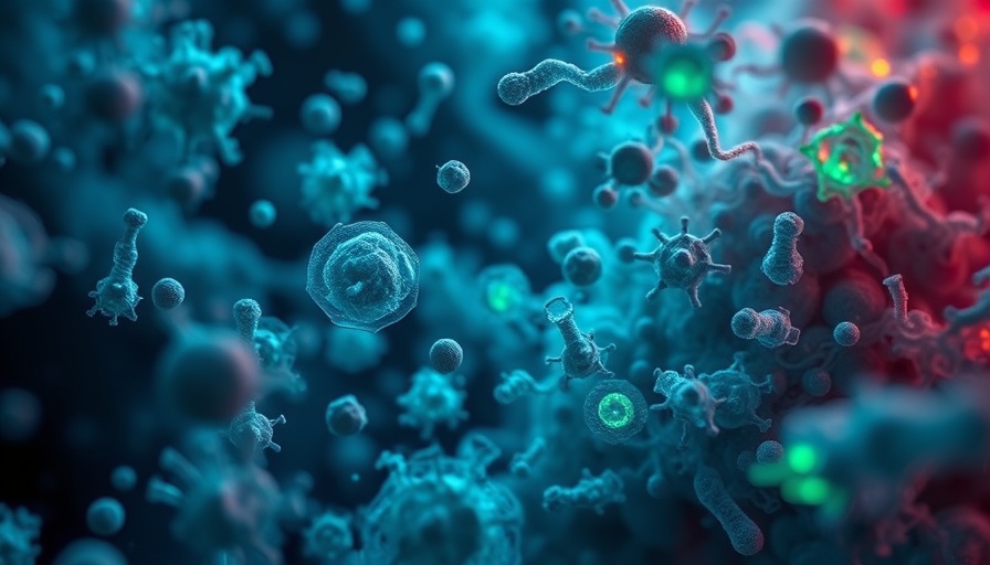 Microscopic gut microbes with holographic glow symbolize gut microbes and depression.