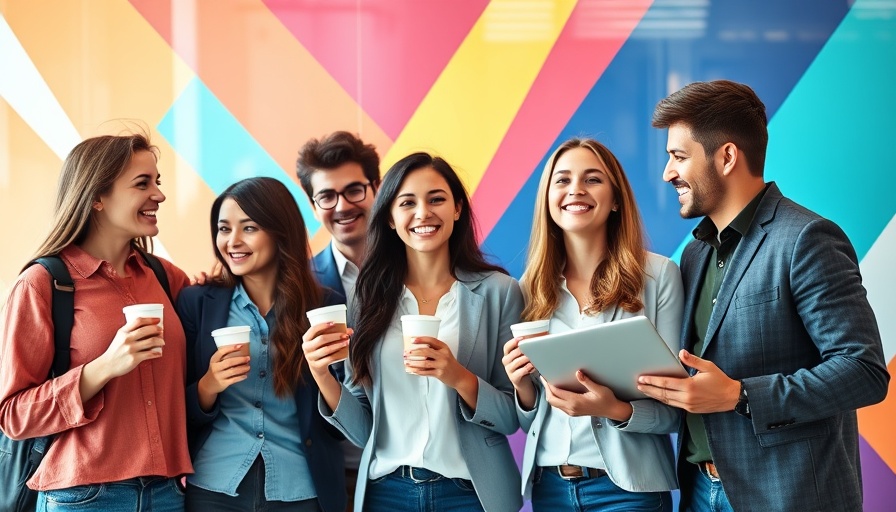 Diverse marketing team discussing in colorful abstract setting.