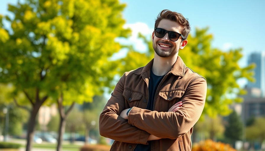 Casual young man smiling outdoors in bright light.