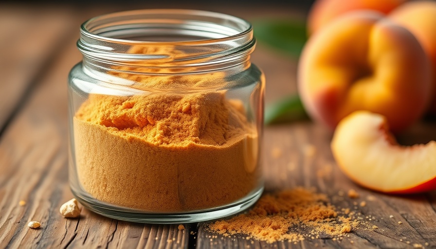 Glass jar with immature peach powder on wooden table.