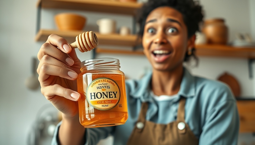 Woman holding honey jar with excited expression, honey for weight loss.