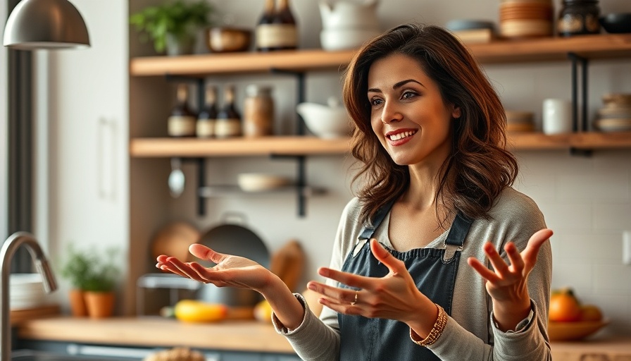 Woman discussing cooking oils with expressive gestures in a kitchen.