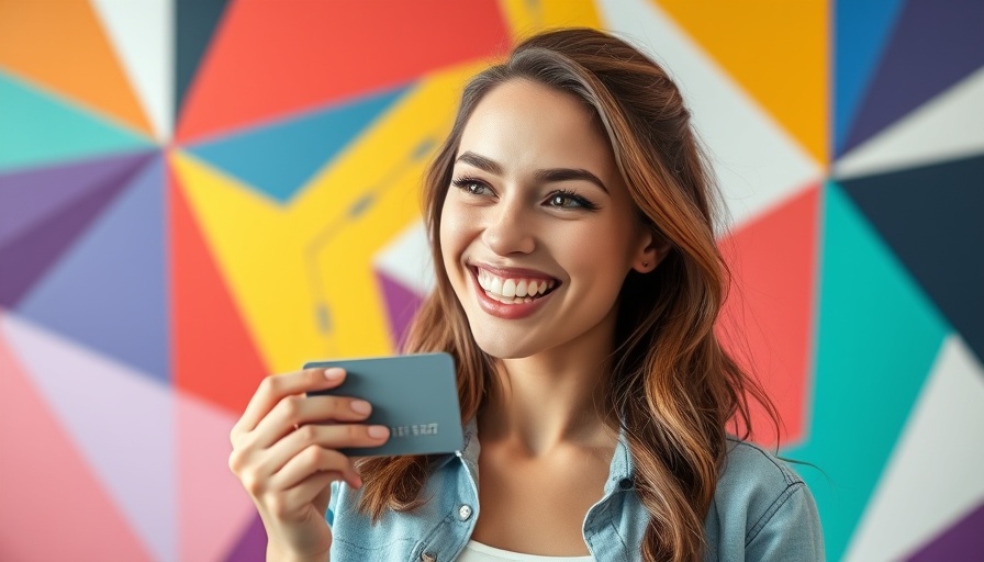 Smiling woman holding a credit card representing a buyer persona against a colorful backdrop.