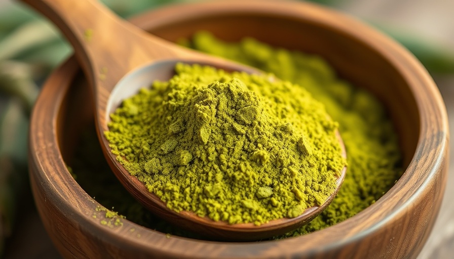 Moringa leaf powder benefits: close-up of green powder in a wooden bowl.