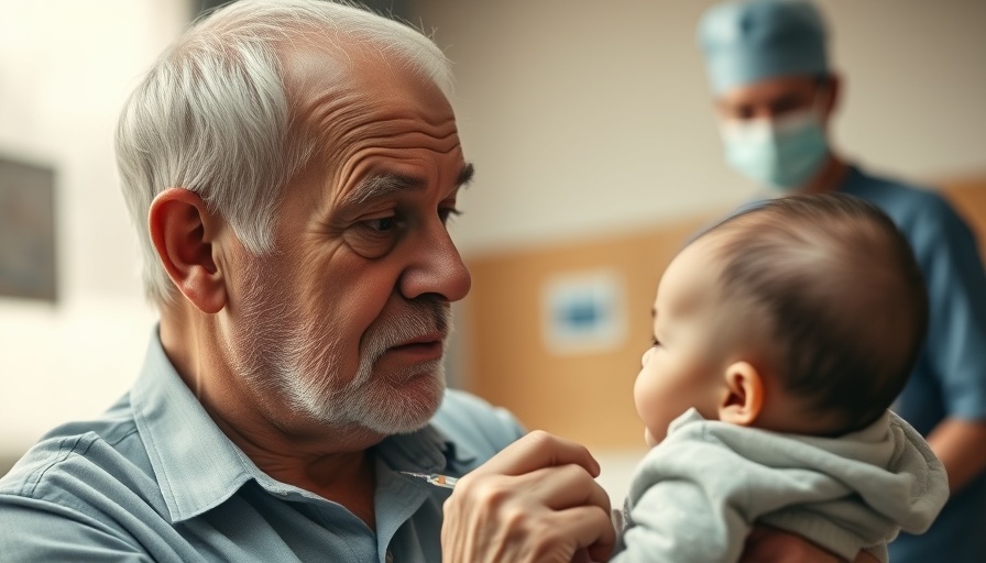 Elderly man giving vaccine to infant, global vaccine funding cuts context.