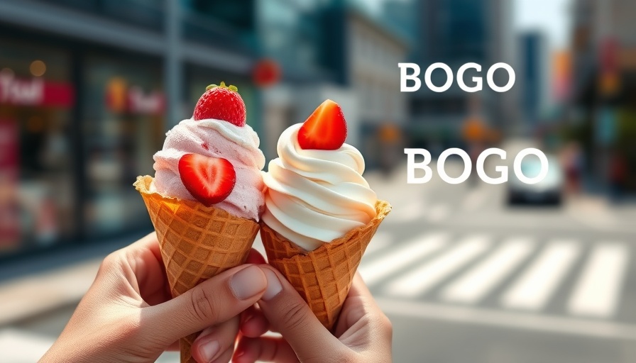 BOGO promotions with two ice cream cones held in hands.