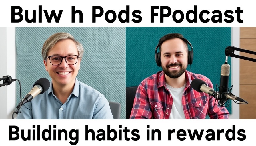 Podcast discussion on building habits through rewards, teal background.