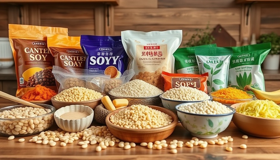 Assorted soy-based foods on wooden counter, highlighting soy consumption.