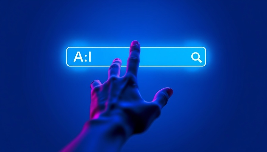 Minimalistic illustration of hand interacting with AI search bar.