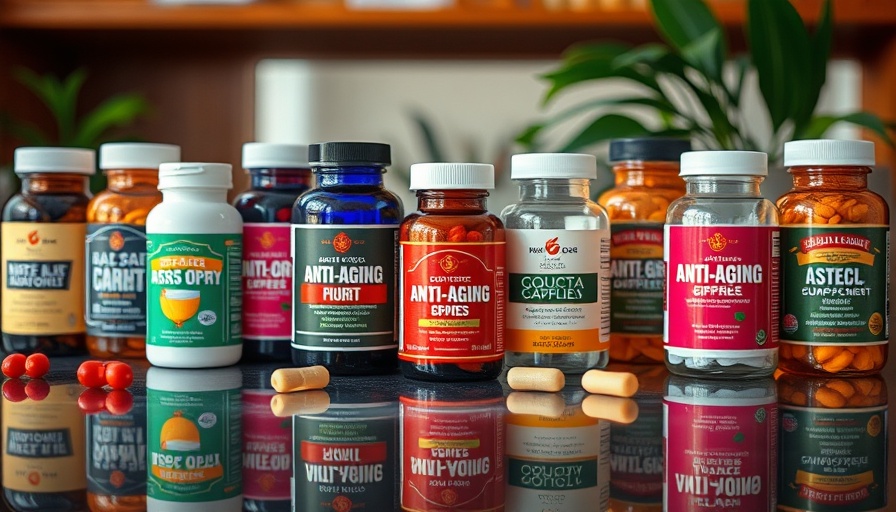 Colorful anti-aging supplement bottles on reflective surface.