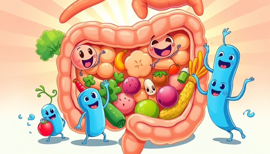 Cartoon illustration of gut health with vegetables and happy bacteria, emphasizing longevity.