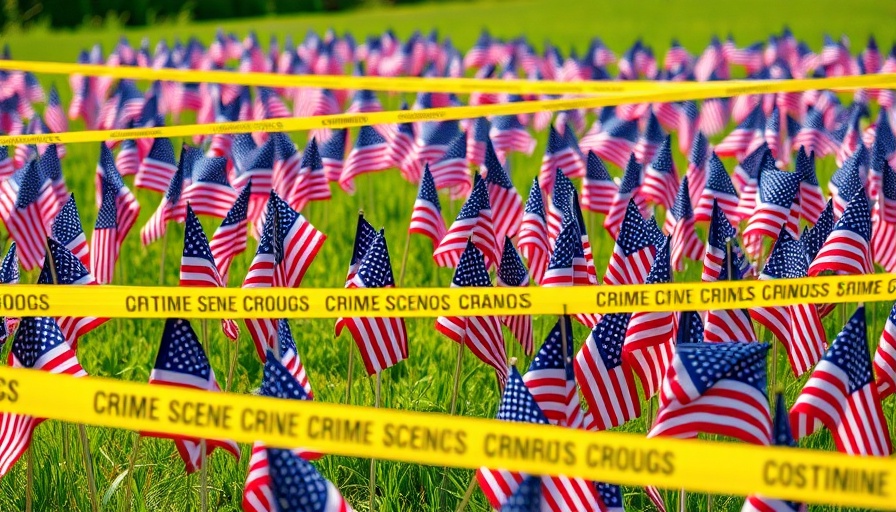 Flags obscured by crime scene tape, the impact of shootings on mental health.