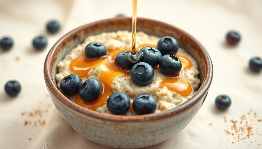 High-protein keto oatmeal topped with blueberries and syrup.