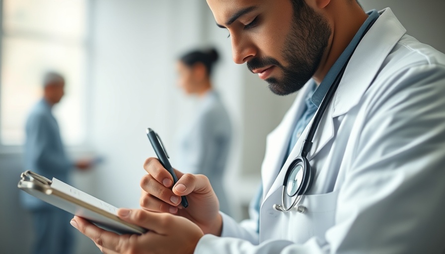 Doctor writing on clipboard in clinical setting, discussing nutrition.