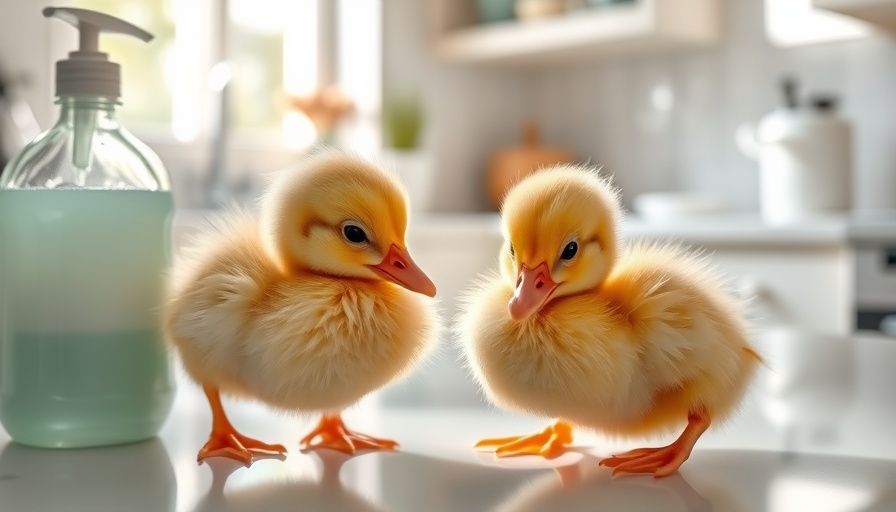Fluffy ducklings with dish soap in bright kitchen - paradoxical promises branding.