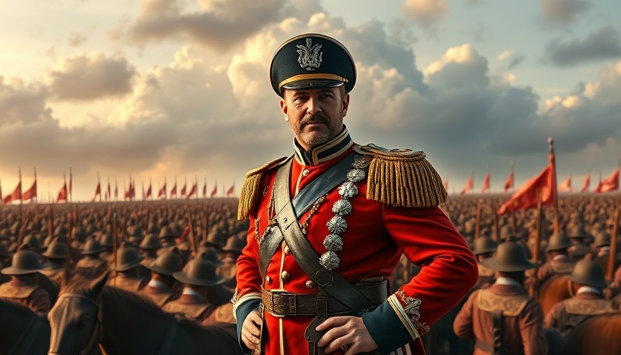 Military officer in uniform with historical battlefield background.