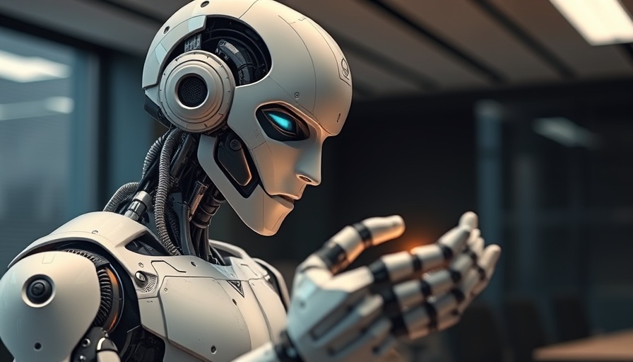 Advanced humanoid robot analyzing objects, photorealistic office setting.