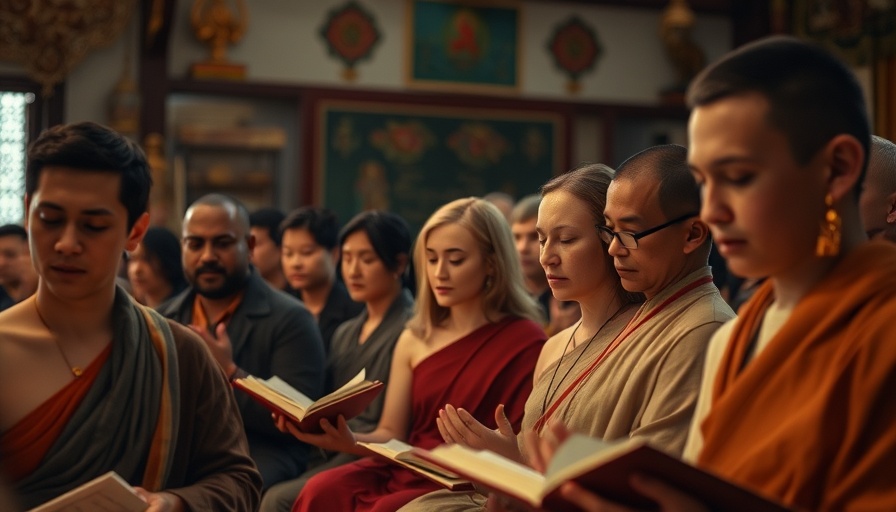 Diverse group chanting sutras in a tranquil setting, highlighting health benefits.