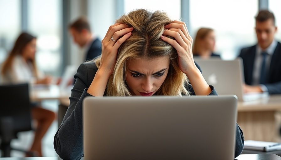 Stressed AI-generated workslop scene in modern office.